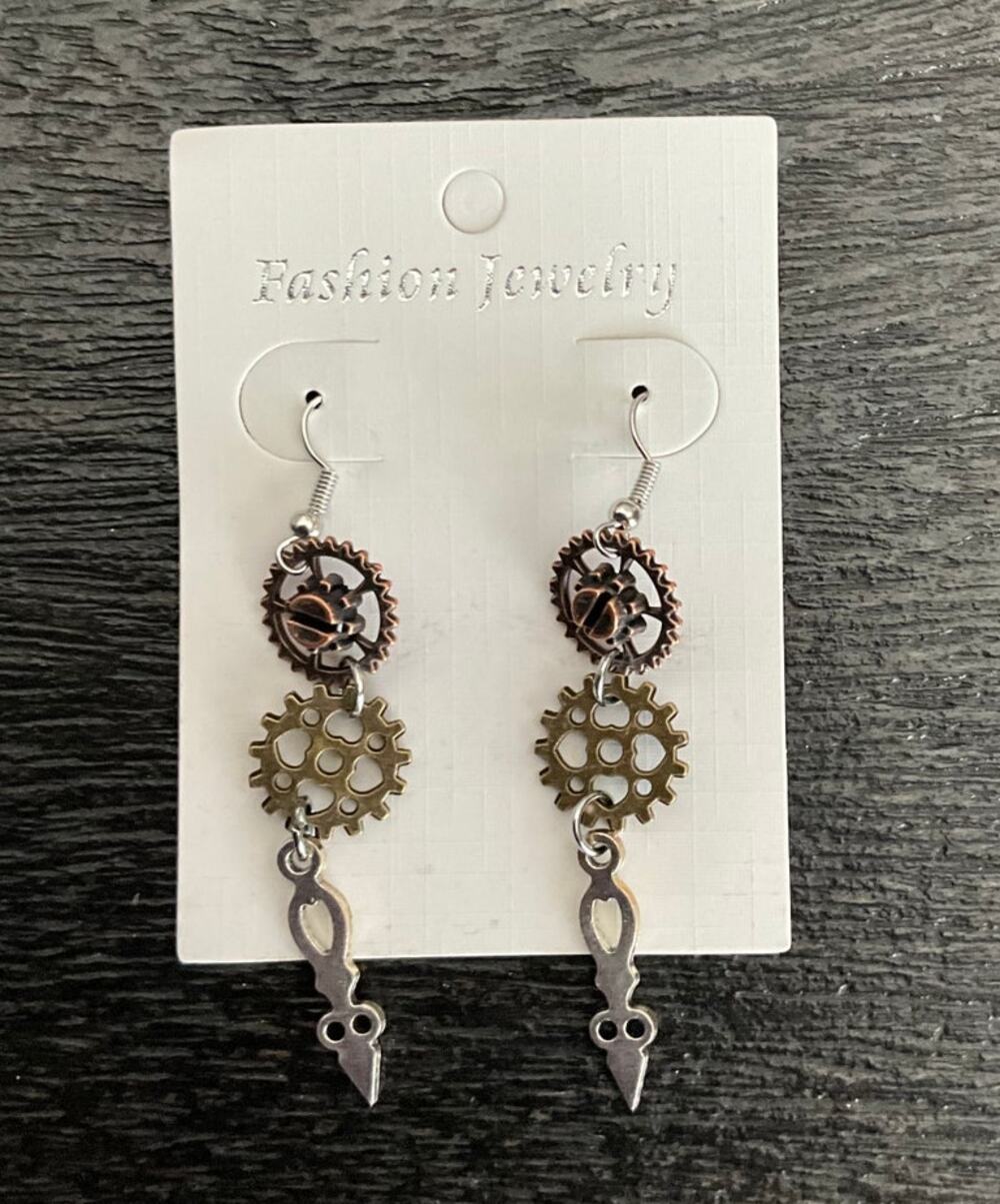 Steampunk Dangling Cogs and Watch Hand Earrings